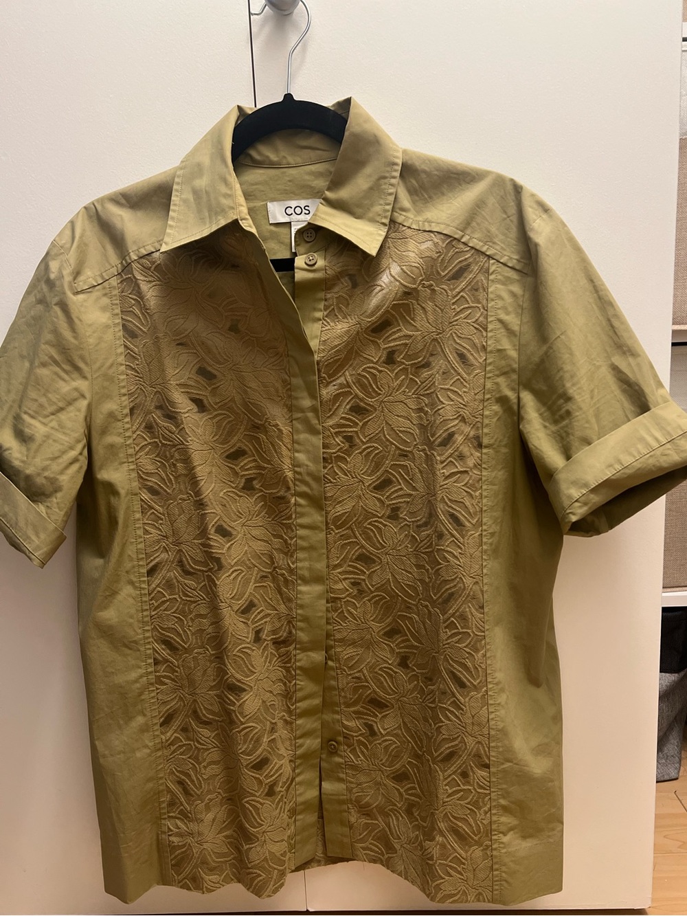 COS Olive Green Short-Sleeve Embroidered Button-Down Shirt